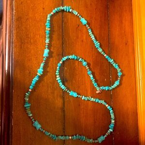 Turquoise bearded necklace with small silver beads.